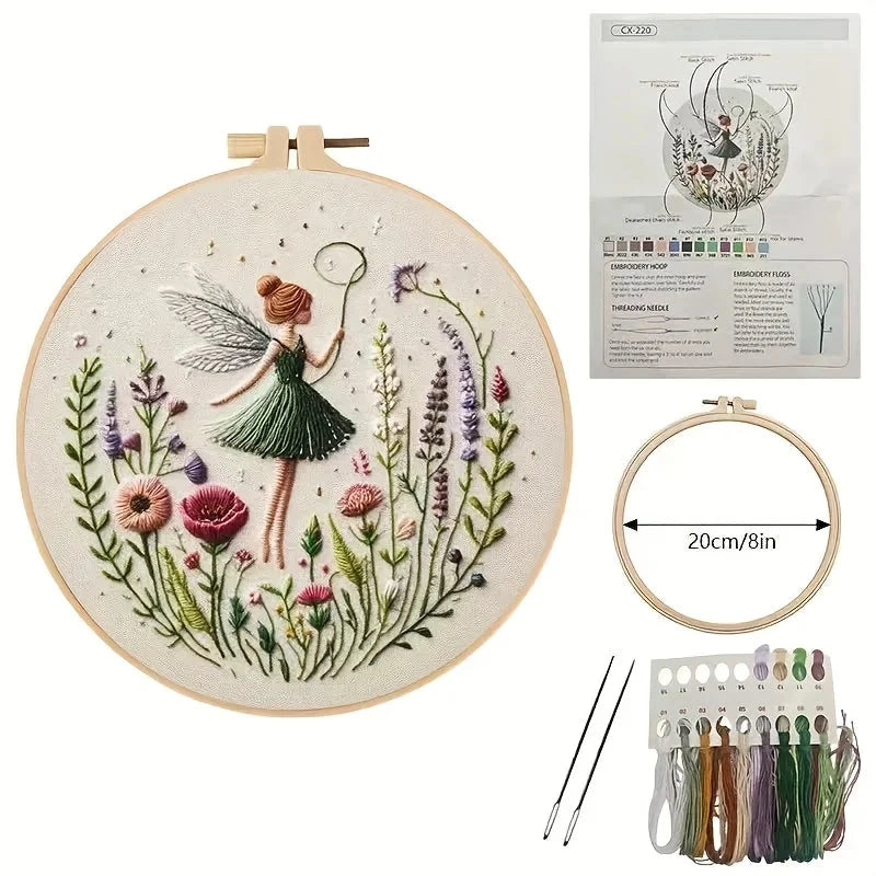 Kit da ricamo con fatina - Set completo per principianti con telaio in legno da 20 cm