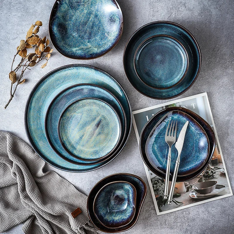 Turquoise 11-Piece Porcelain Dinnerware Set Handmade Glazed Dinner Plates and Bowls