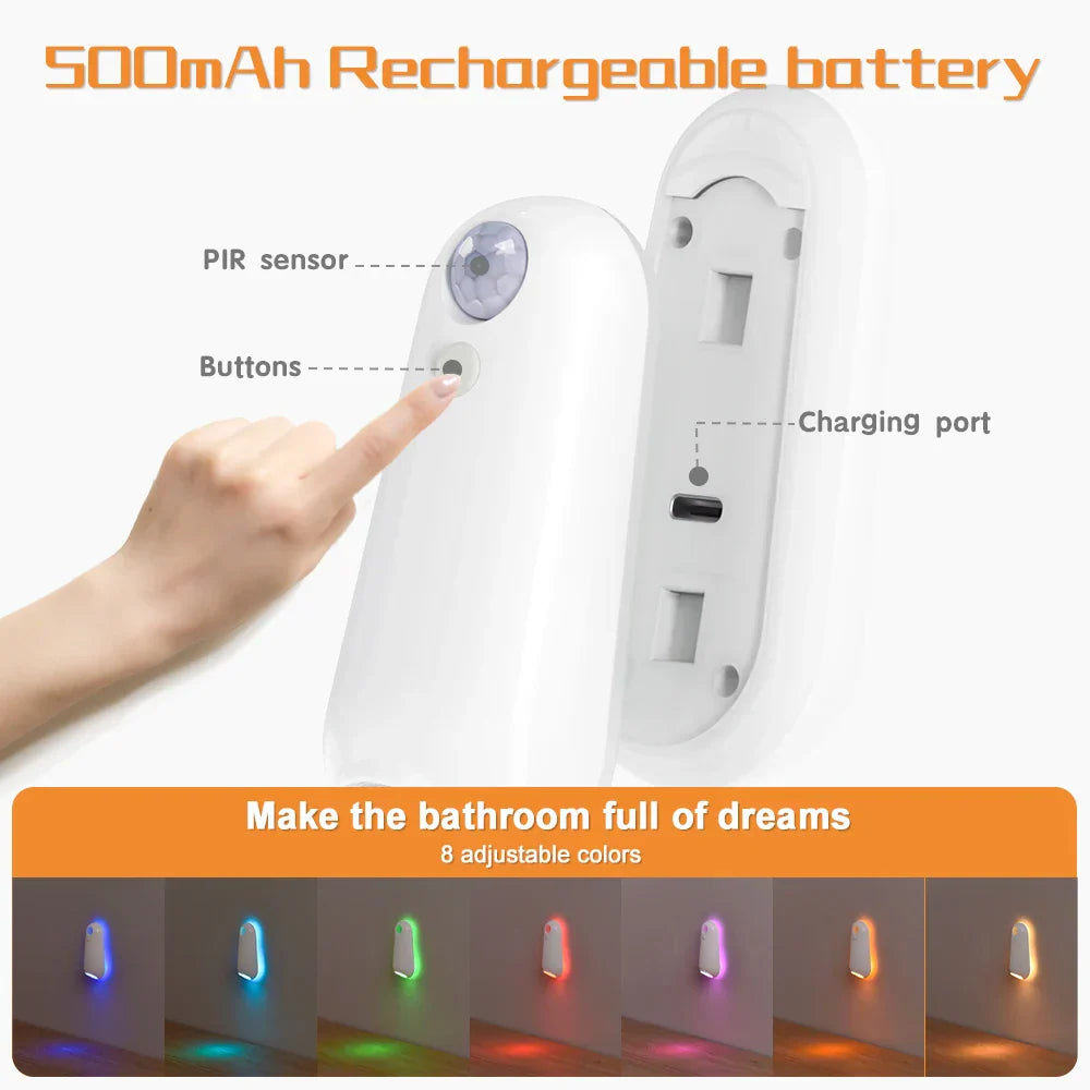 Motion Activated Toilet Night Light With RGB Colors Rechargeable IPX3 Waterproof