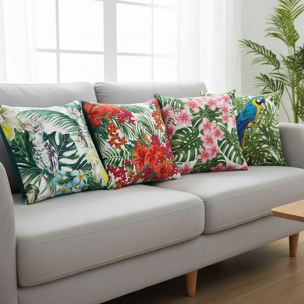 Funda de cojín con hojas de palmera hawaiana PARROTFLOW — Estampado tropical, toque de textura suave