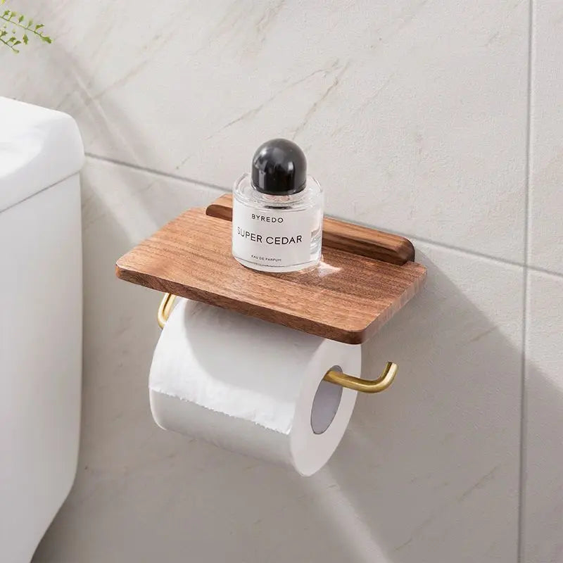 Walnut Wood Wall Mount Shelf For Toilet Roll - Brown Finish