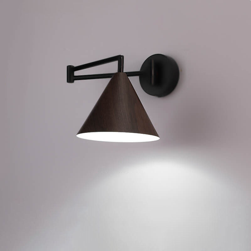Walnut Wood Wall Lamp With Swivel Arm And Conical Iron Shade E26 Base