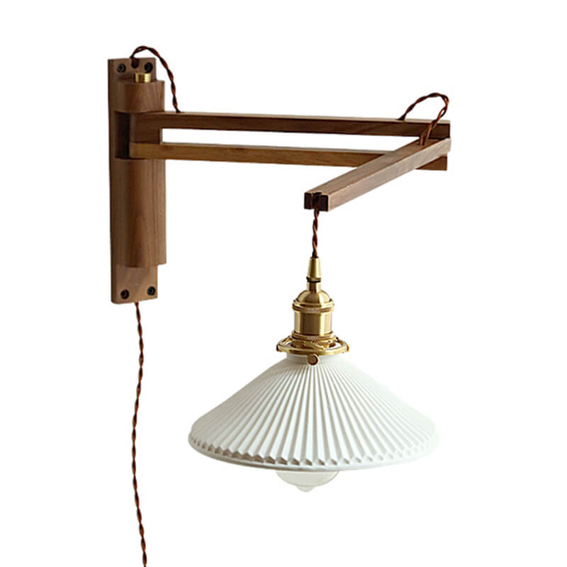 Wall Lamp With Wood Arm And Glass Shade, E26 Brass Japandi Light, Adjustable Swivel