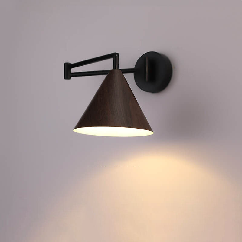 Walnut Wood Wall Lamp With Swivel Arm And Conical Iron Shade E26 Base