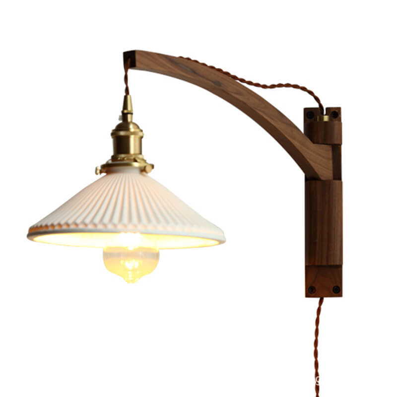 Wall Lamp With Wood Arm And Glass Shade, E26 Brass Japandi Light, Adjustable Swivel