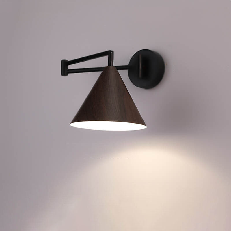 Walnut Wood Wall Lamp With Swivel Arm And Conical Iron Shade E26 Base