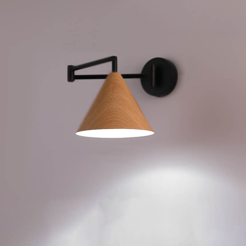 Walnut Wood Wall Lamp With Swivel Arm And Conical Iron Shade E26 Base