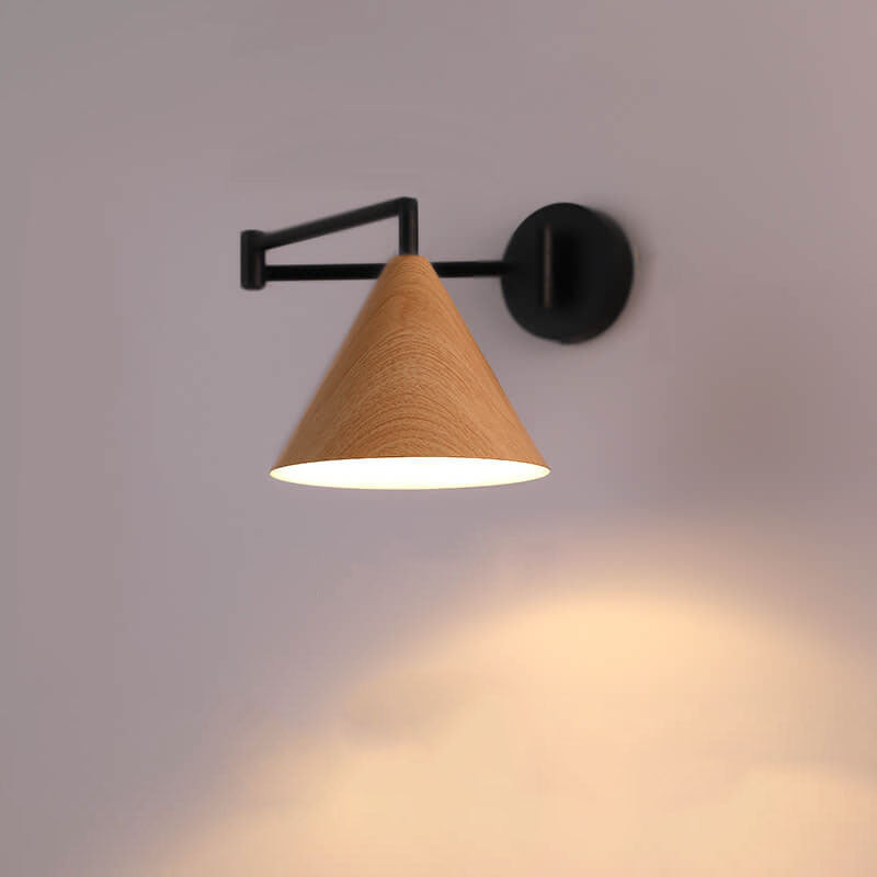 Walnut Wood Wall Lamp With Swivel Arm And Conical Iron Shade E26 Base