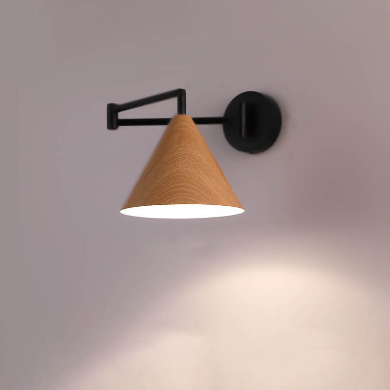 Walnut Wood Wall Lamp With Swivel Arm And Conical Iron Shade E26 Base