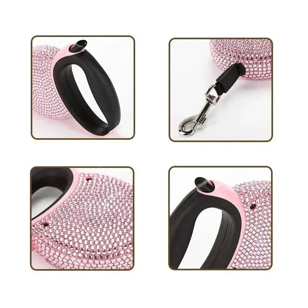 GlimmerPaw Luxury Retractable Leash — Rhinestone Trim, Smooth Retracting Handle