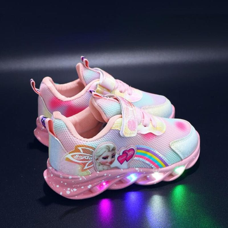 Glittery LED Light Up Kids Sneakers With Pink Accents And Purple Trim