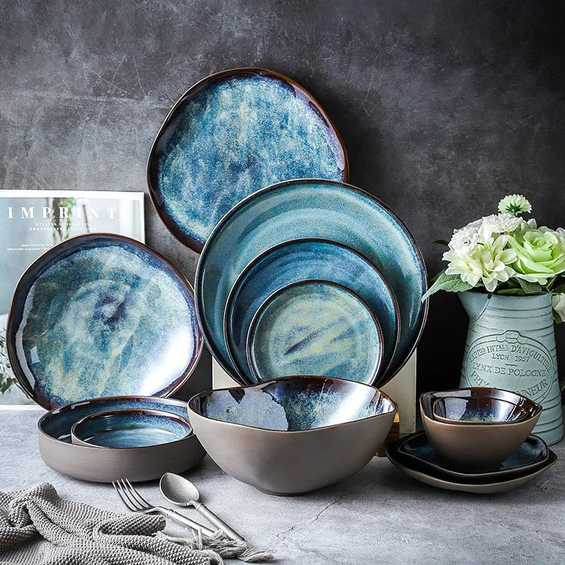 Turquoise 11-Piece Porcelain Dinnerware Set Handmade Glazed Dinner Plates and Bowls