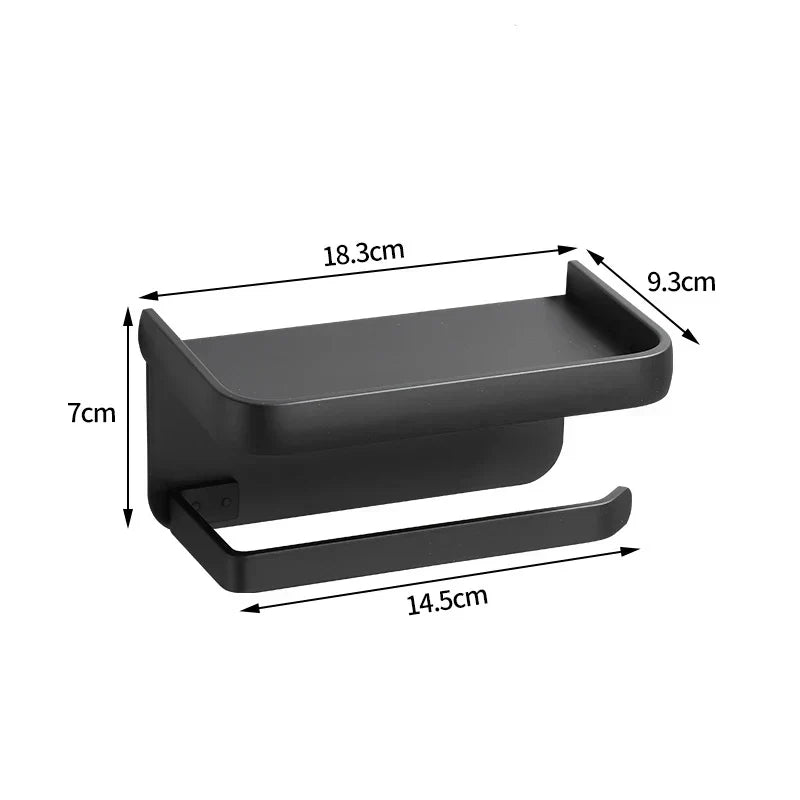 Aluminum Black Toilet Paper Holder With Shelf Phone Wall Mount Minimalist Organizer
