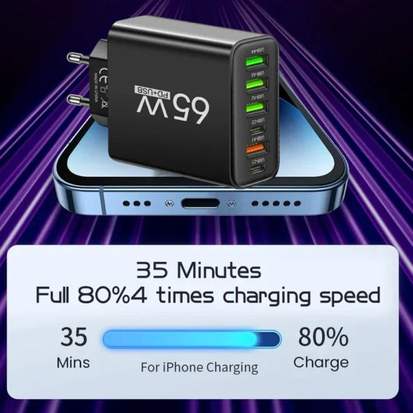 65W Six-Port USB Charger For Office Home And Travel