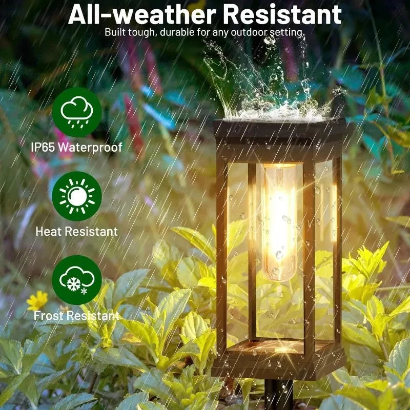 Lămpi solare pentru alei, set de 2 — lămpi LED în stil felinar, cu aspect de filament cu lumină caldă