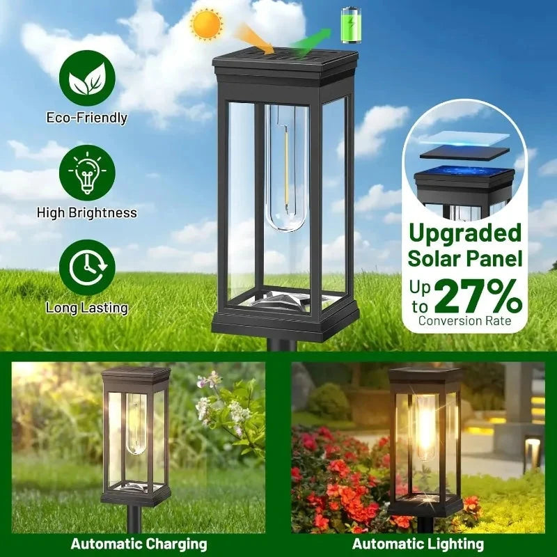 Lămpi solare pentru alei, set de 2 — lămpi LED în stil felinar, cu aspect de filament cu lumină caldă