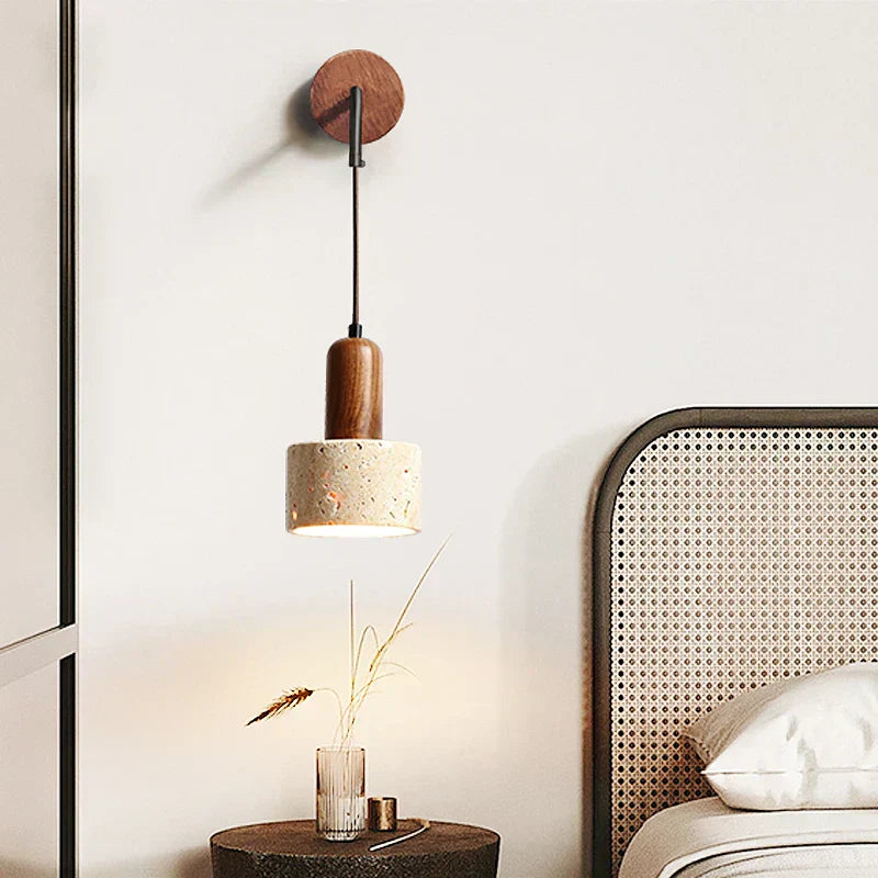 Liora Bedside Lamp With Wood And Travertine Wall Mount For Japandi Spaces In Modern Homes
