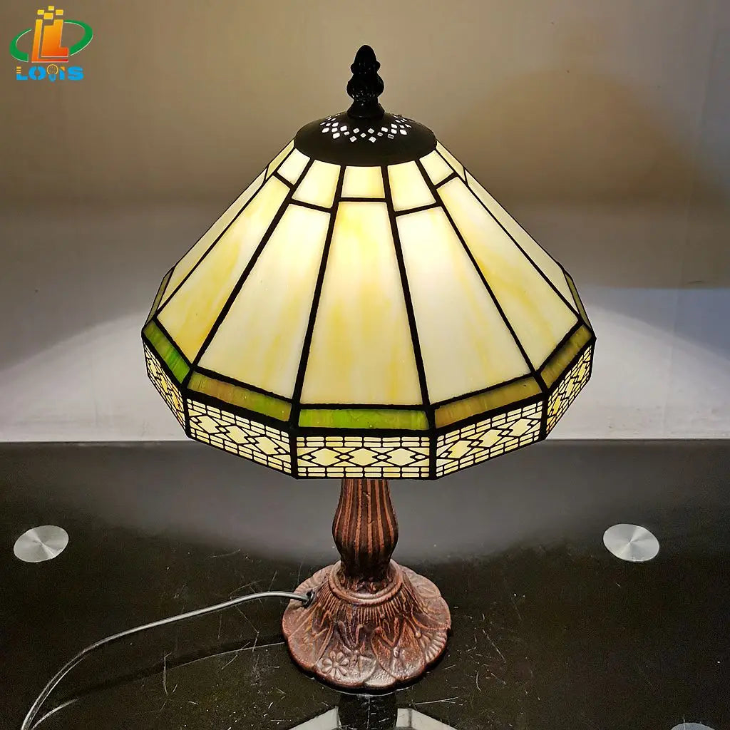 Tiffany Stained Glass Table Lamp With Green Geometric Shade