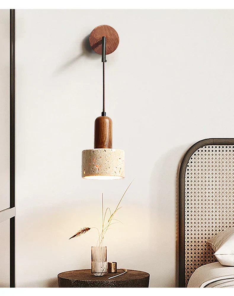 Liora Bedside Lamp With Wood And Travertine Wall Mount For Japandi Spaces In Modern Homes