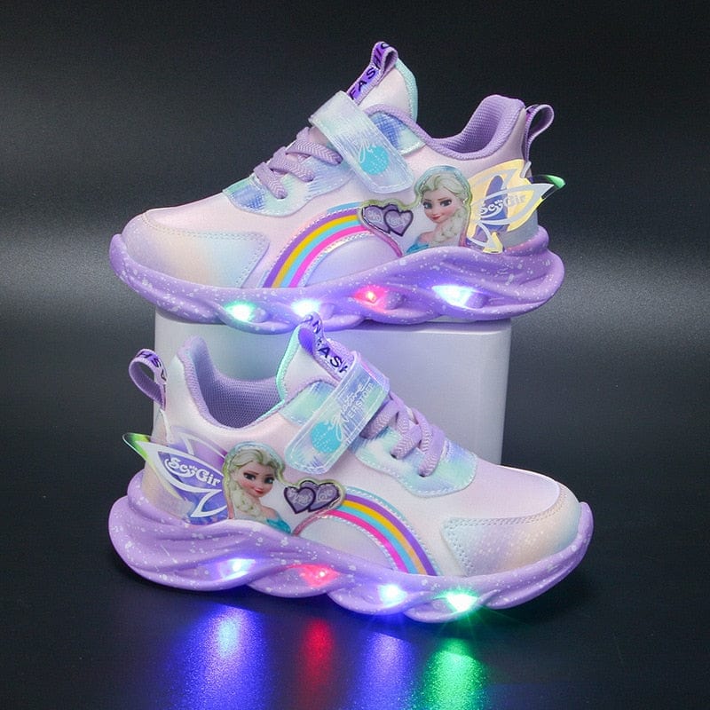 Glittery LED Light Up Kids Sneakers With Pink Accents And Purple Trim