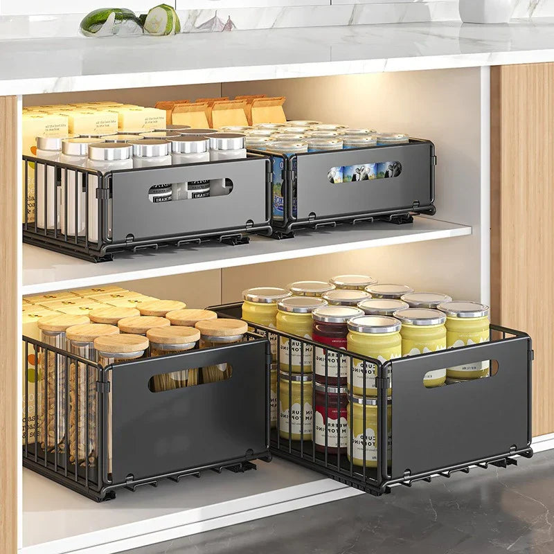 Spice Drawer Extendable Organizer For Deep Cabinet Storage Carbon Steel Black