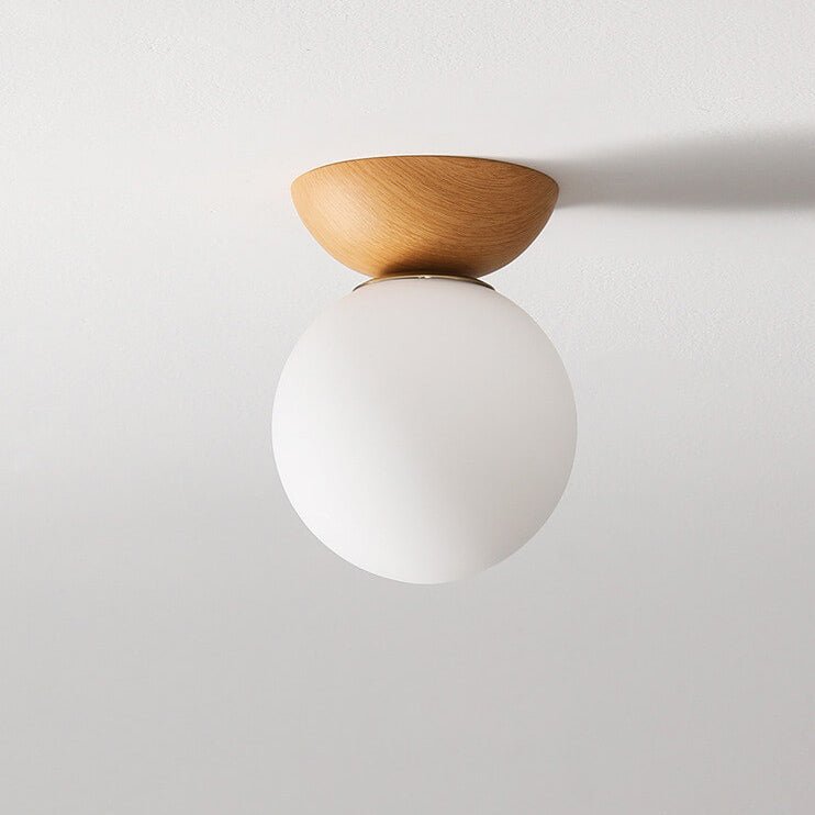 Nordis Globe Ceiling Light With A Wood Base Matte Glass Opal Finish Fixture Light