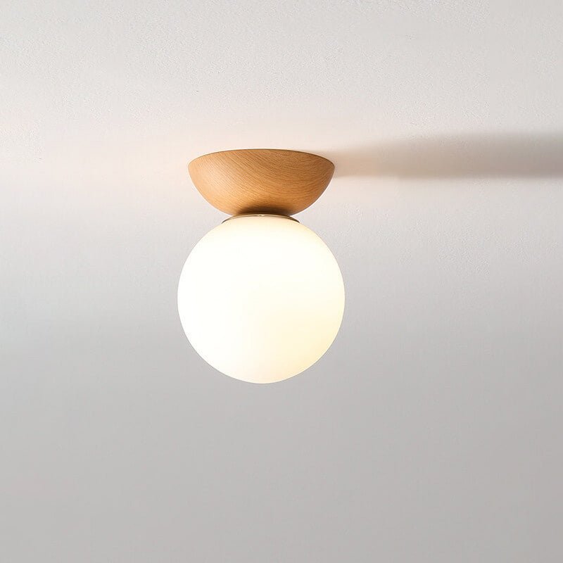 Nordis Globe Ceiling Light With A Wood Base Matte Glass Opal Finish Fixture Light