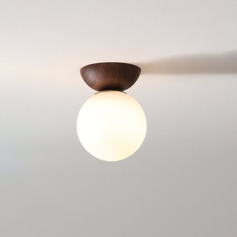 Nordis Globe Ceiling Light With A Wood Base Matte Glass Opal Finish Fixture Light