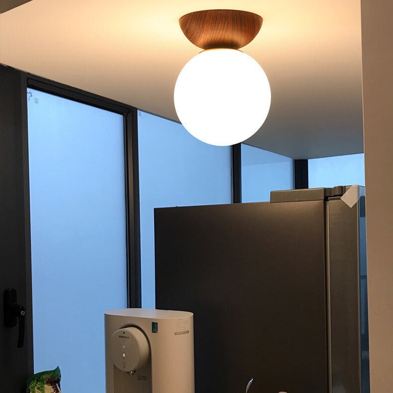 Nordis Globe Ceiling Light With A Wood Base Matte Glass Opal Finish Fixture Light