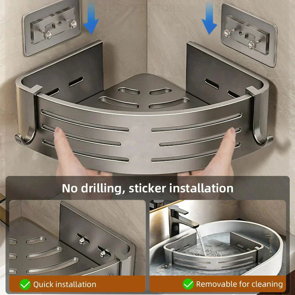Aluminum Corner Shower Rack Set No Drill Wall Mount With Hooks 2 Pack