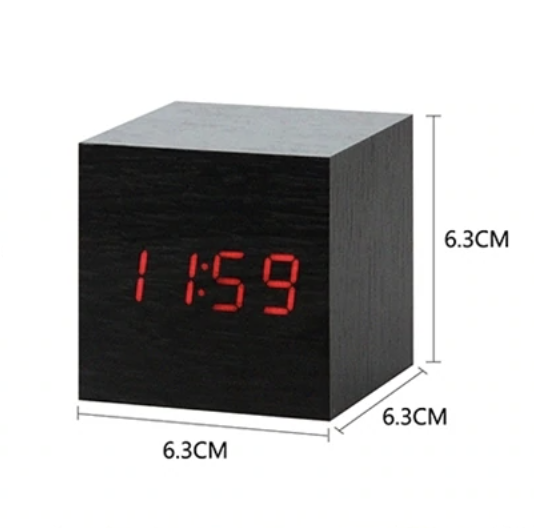 Black LED Cube Alarm Clock With Wood Finish, Temperature, Snooze, Sound Activation