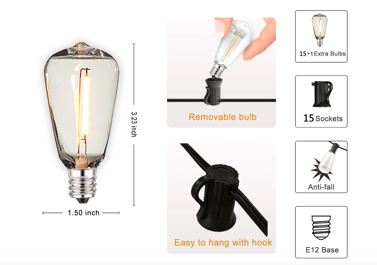 IP44 Weatherproof LED Garden Lights With 15 Durable Bulbs On 10m Cord Black