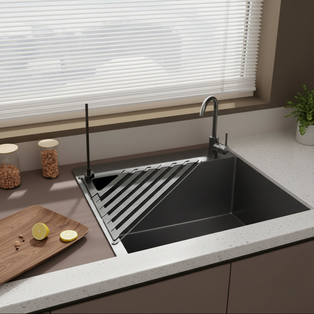 Versatile Foldable Drain Rack - Adjustable Kitchen Sink Organizer with Towel Bar 1