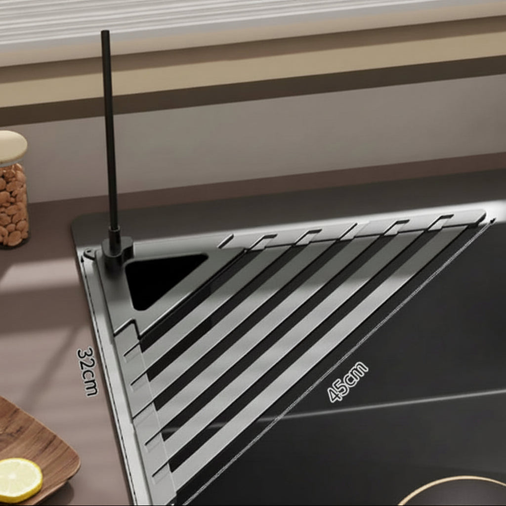 Scolapiatti pieghevole da appoggio sul lavello DRYFLOW — Design espandibile, porta asciugamani integrato