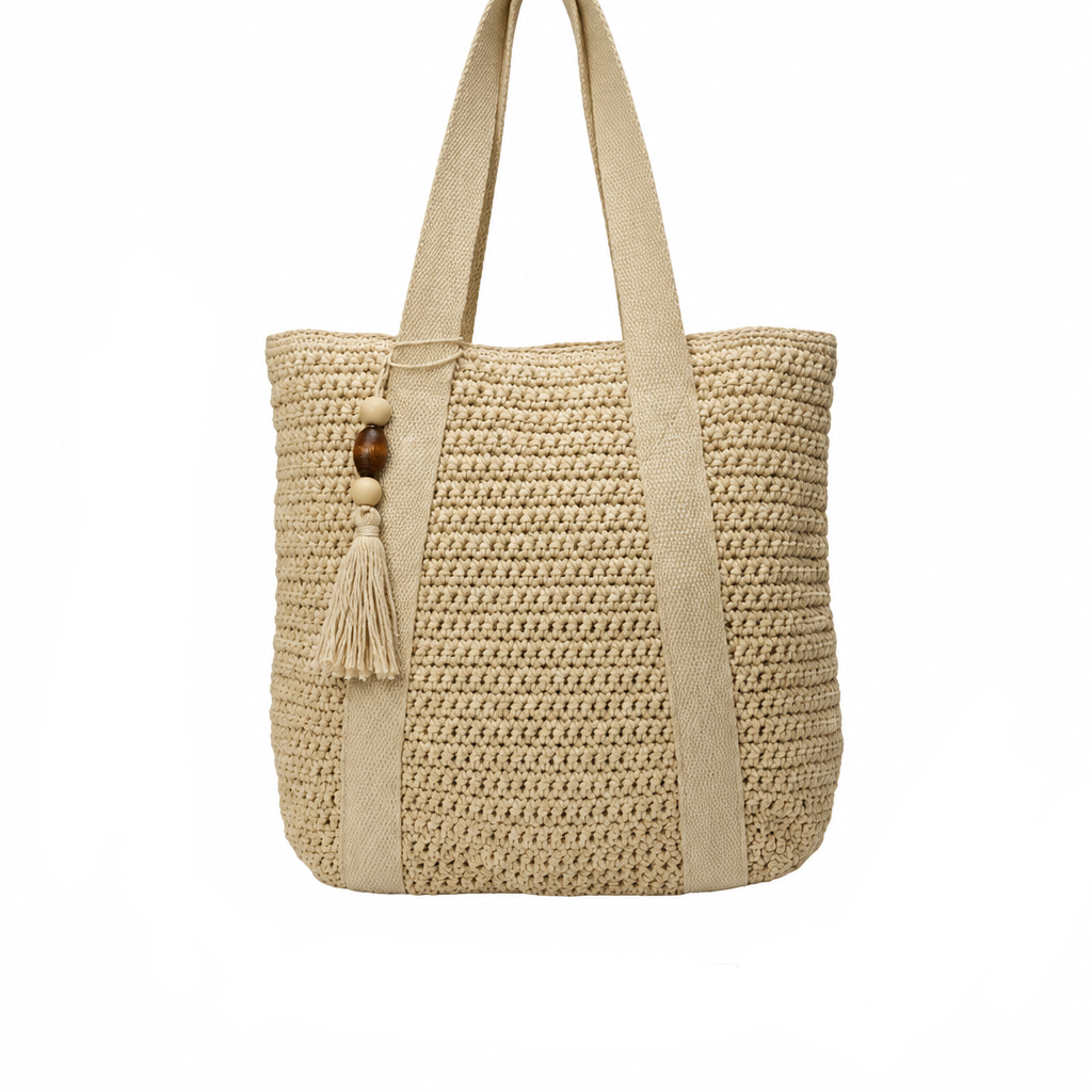 BOHOWEAVE Geflochtene Raffia-Tragetasche — Geräumige Schultertasche mit Quastendetail