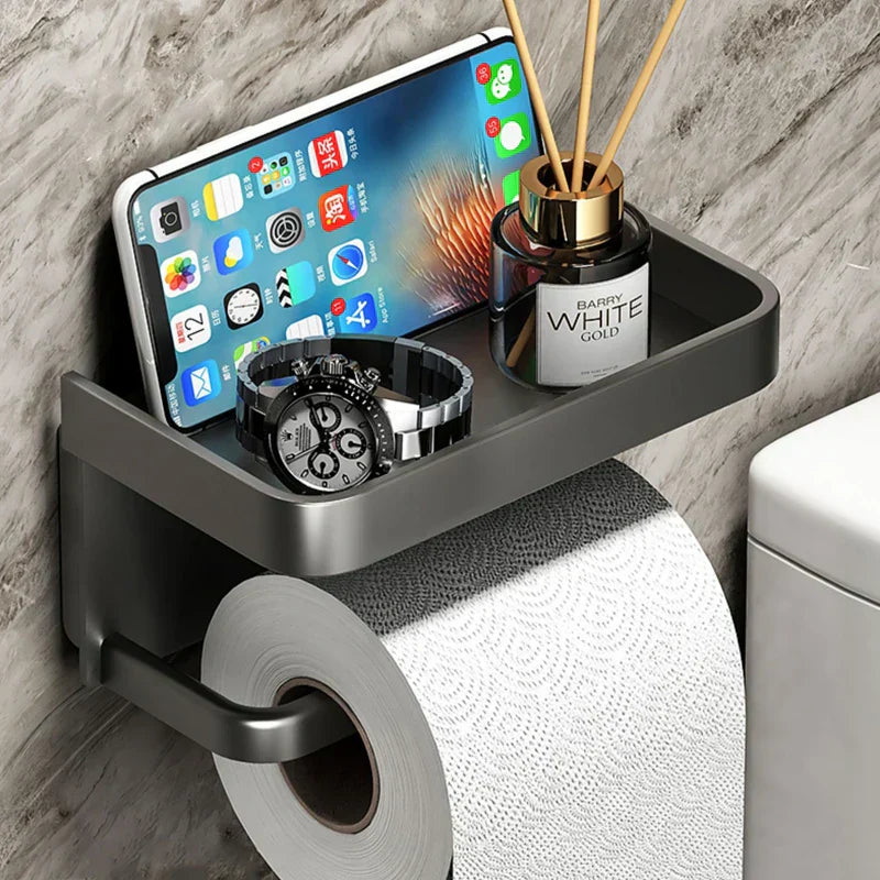 Aluminum Black Toilet Paper Holder With Shelf Phone Wall Mount Minimalist Organizer
