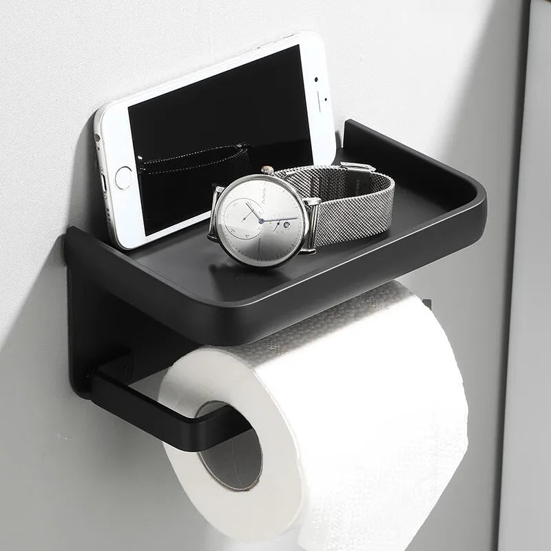 Aluminum Black Toilet Paper Holder With Shelf Phone Wall Mount Minimalist Organizer