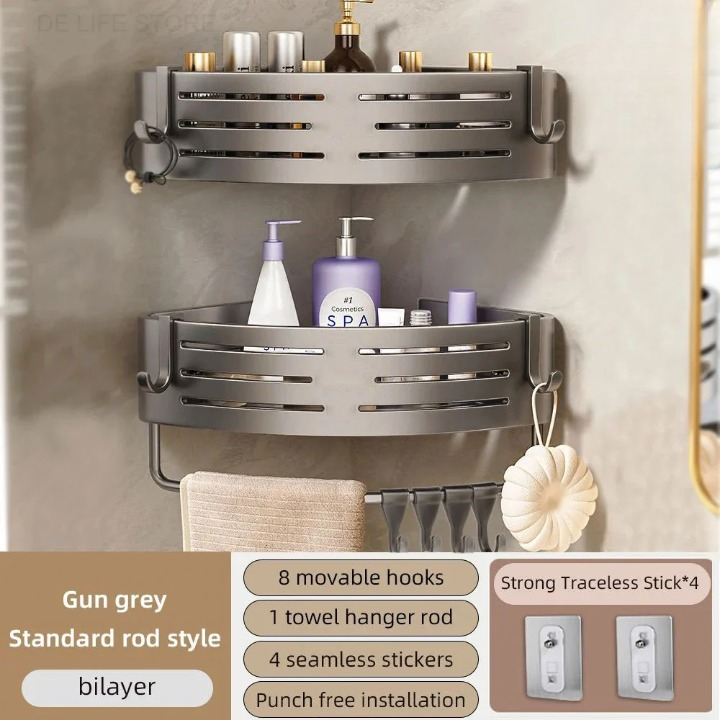 Aluminum Corner Shower Rack Set No Drill Wall Mount With Hooks 2 Pack