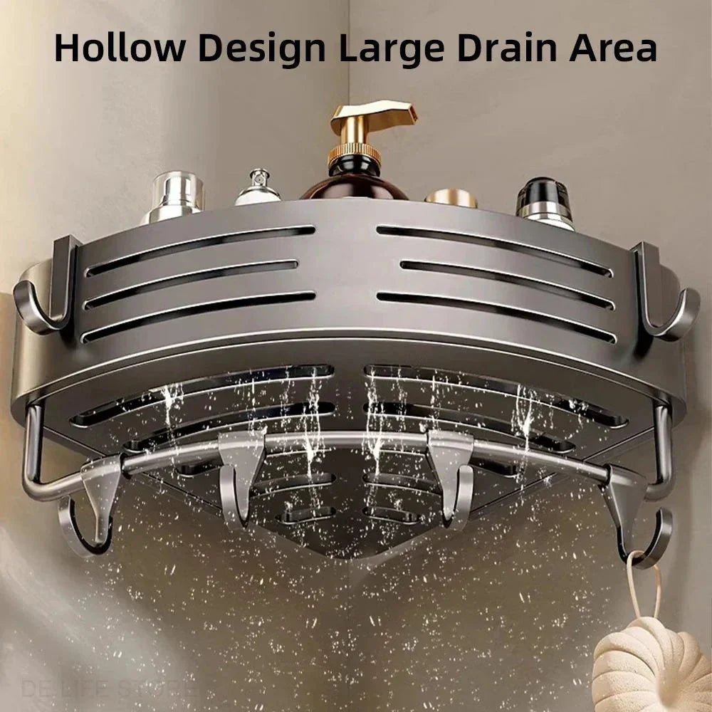 Aluminum Corner Shower Rack Set No Drill Wall Mount With Hooks 2 Pack