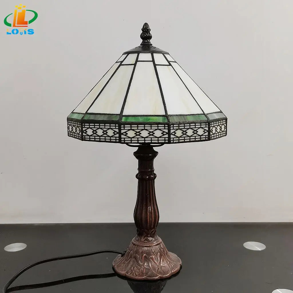 Tiffany Stained Glass Table Lamp With Green Geometric Shade