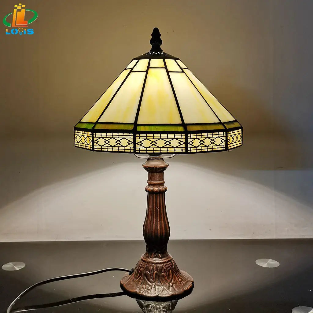 Tiffany Stained Glass Table Lamp With Green Geometric Shade