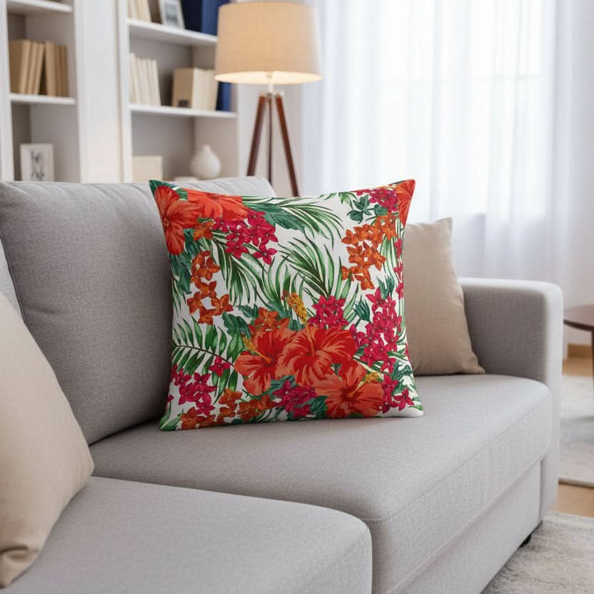 Funda de cojín con hojas de palmera hawaiana PARROTFLOW — Estampado tropical, toque de textura suave