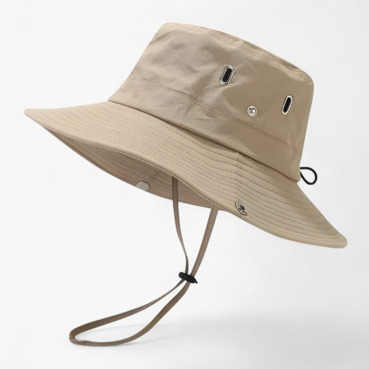 Chapéu de sol dobrável — UPF 50+, aba larga de 8.5 cm, 80 g, tira para o queixo