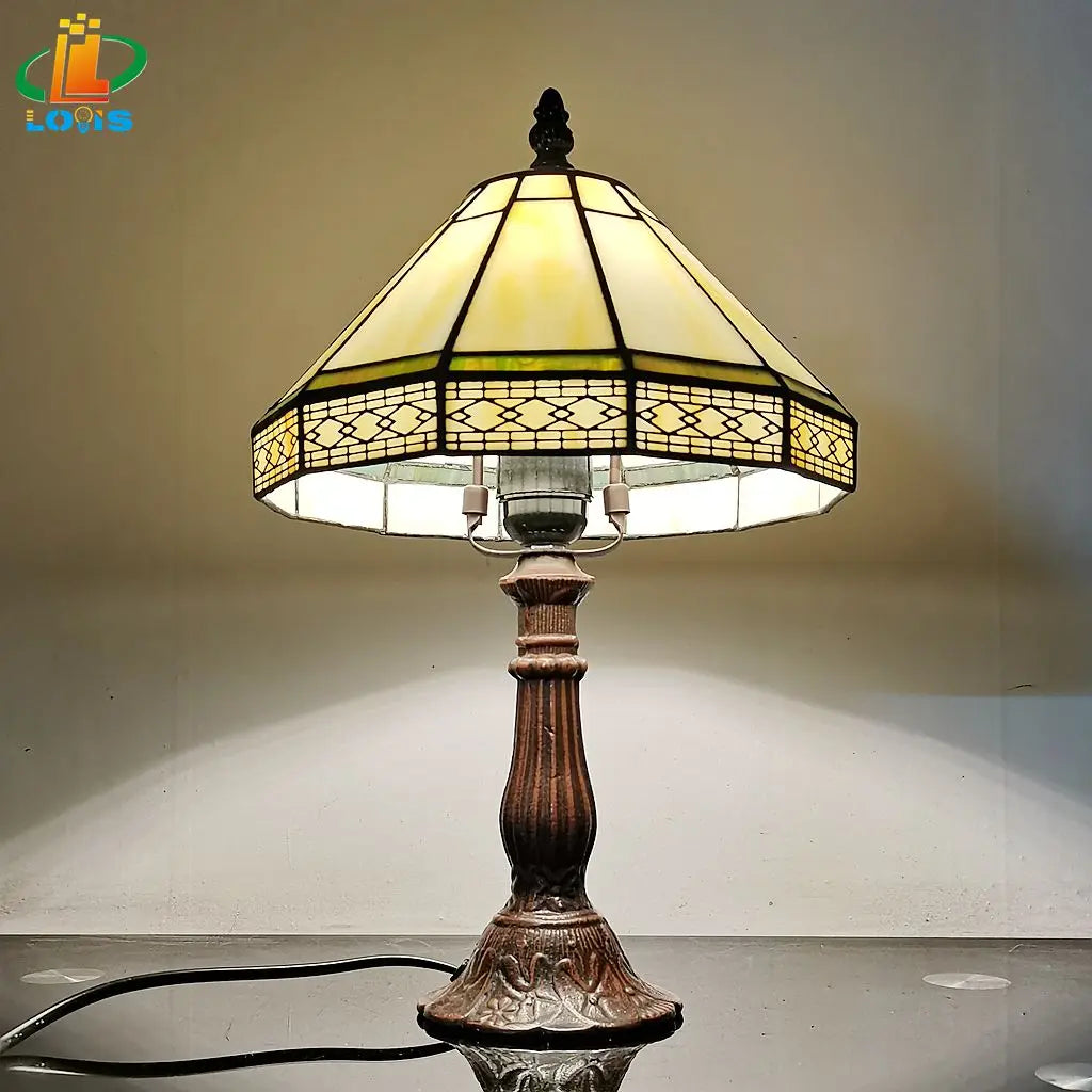 Tiffany Stained Glass Table Lamp With Green Geometric Shade
