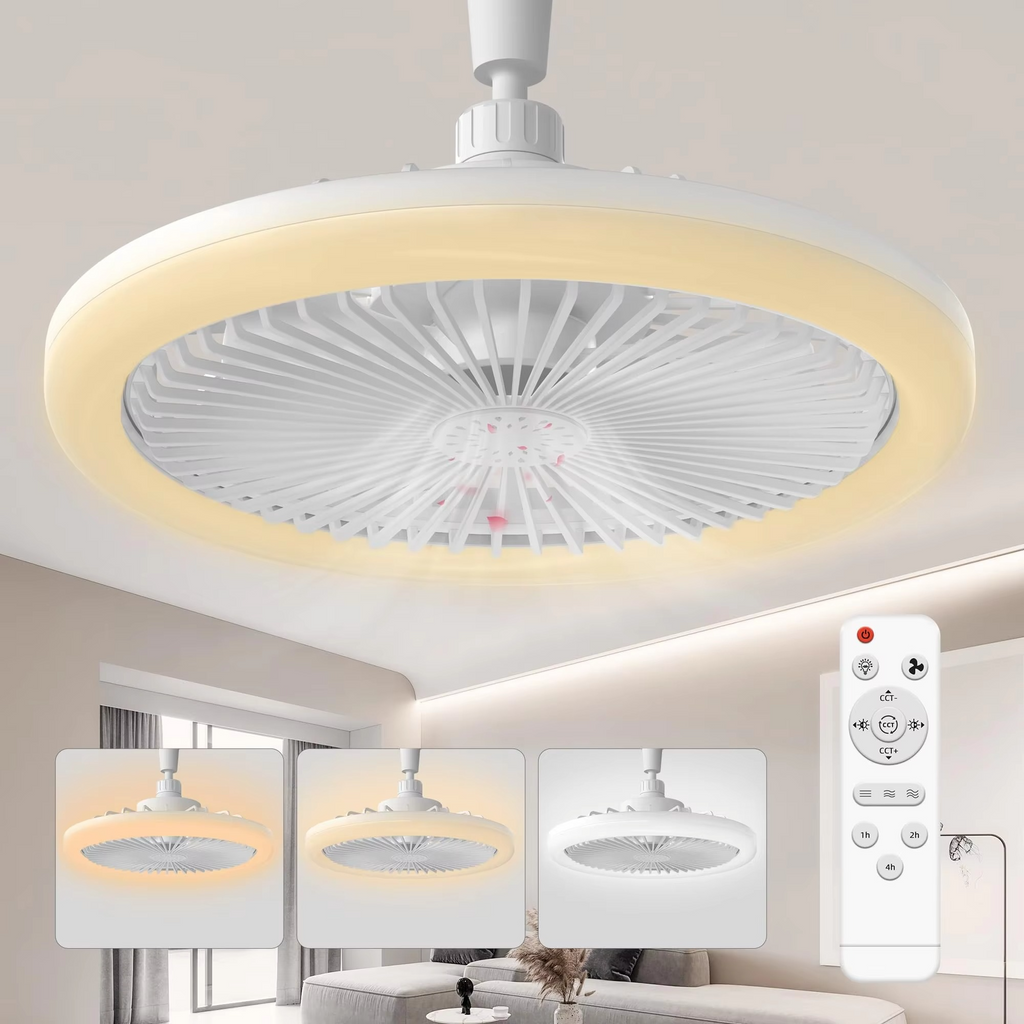Tenký stropní ventilátor s vestavbou — integrované LED osvětlení, kompaktní nízkoprofilové provedení