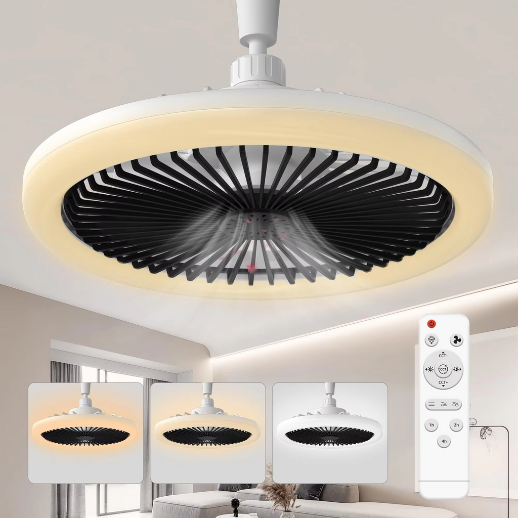 Tenký stropní ventilátor s vestavbou — integrované LED osvětlení, kompaktní nízkoprofilové provedení
