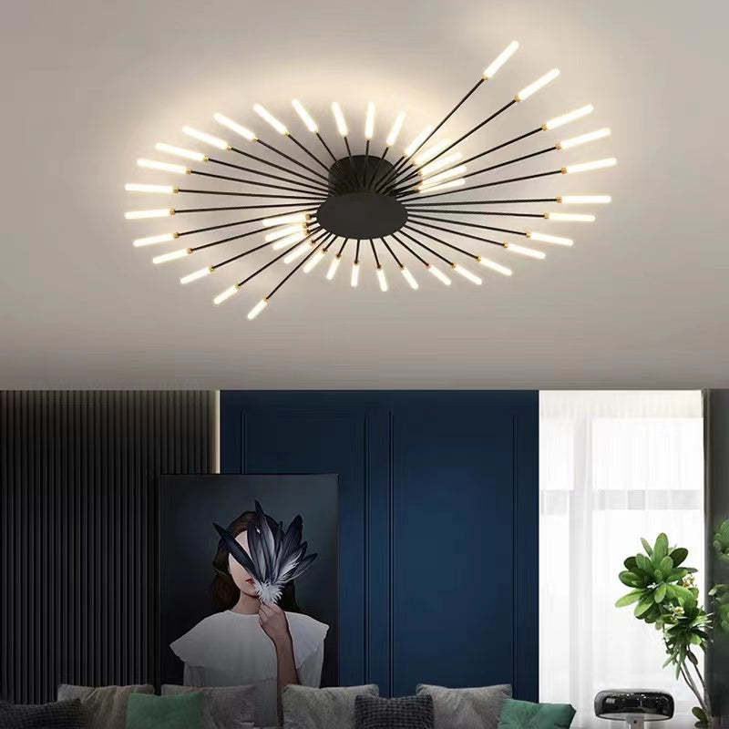 Liora Starburst LED Ceiling Light With Narrow Black Rods And Gentle White Tubes For Modern Interiors