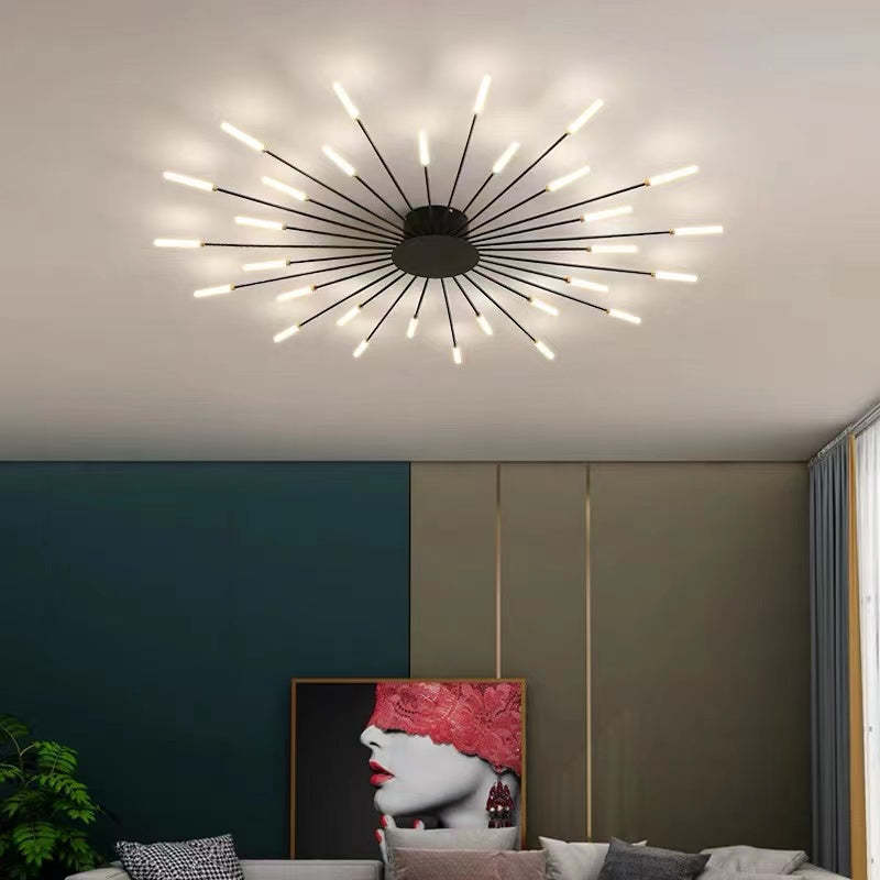 Liora Starburst LED Ceiling Light With Narrow Black Rods And Gentle White Tubes For Modern Interiors