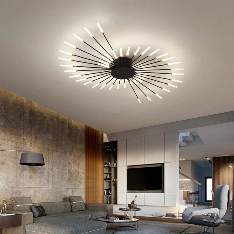 Liora Starburst LED Ceiling Light With Narrow Black Rods And Gentle White Tubes For Modern Interiors