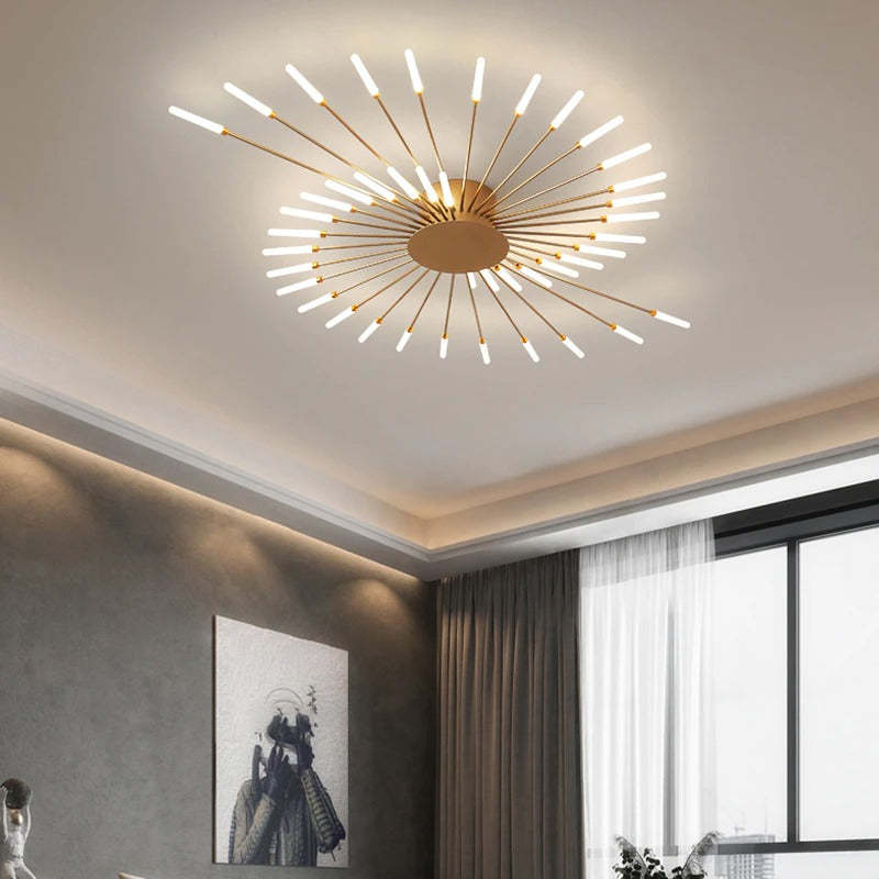 Liora Starburst LED Ceiling Light With Narrow Black Rods And Gentle White Tubes For Modern Interiors